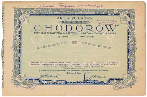 Акція Ходорівської цукроварні номіналом 100 злотих (1925).jpg