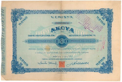 Акція Ходорівської цукроварні номіналом 140 марок (1921).jpg