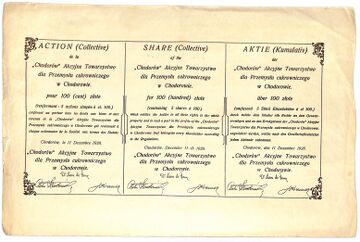 Акція Ходорівської цукроварні номіналом 500 злотих (1928) (зворот)
