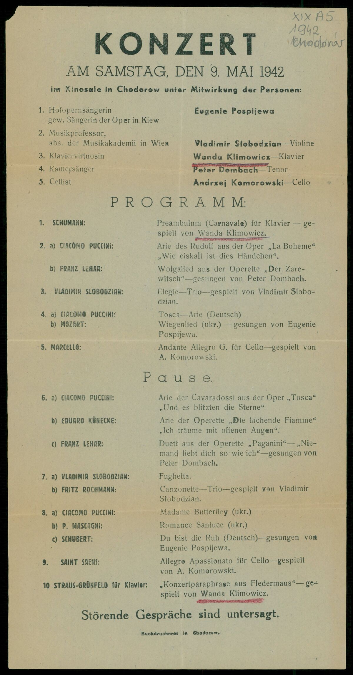 Афіша музичного концерту у Ходорові (9 травня 1942)