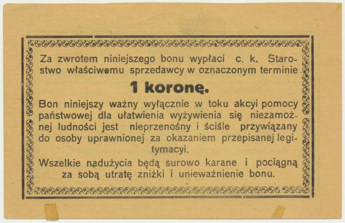 Бон 1 крона січень 1918 B Жидачів SF (реверс)
