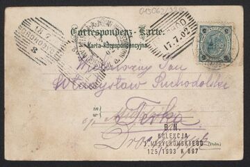 Поштівка Вигляд на новий та старий костели в Кохавині чорно-біла (1902) (зворот)