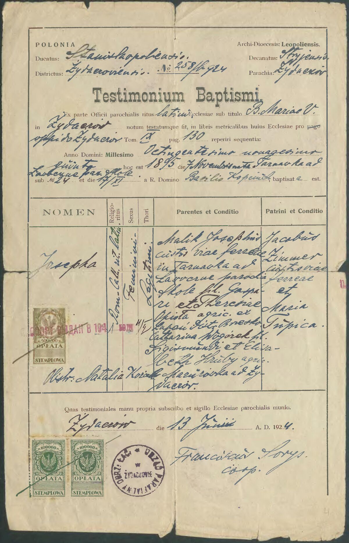 Свідоцтво про народження Йозефи Малик (1924)