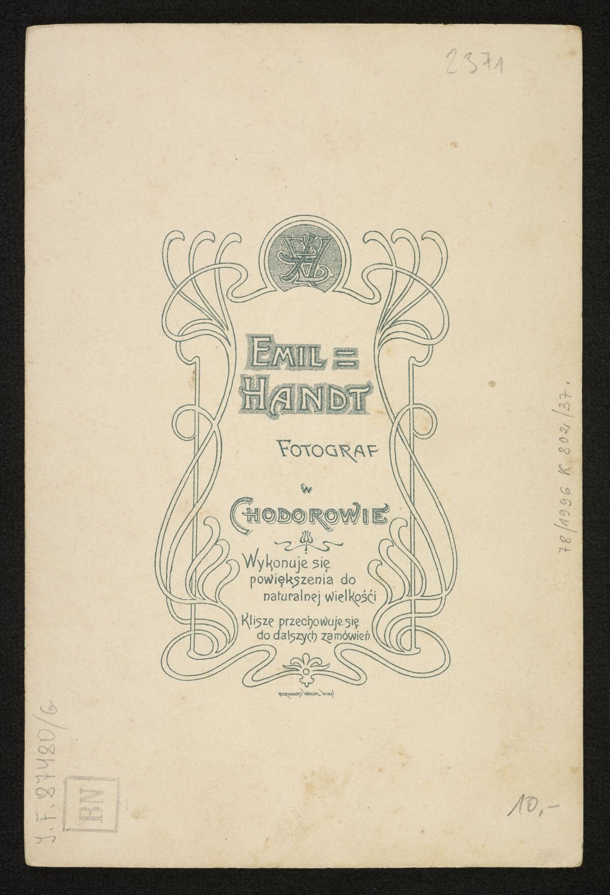 Фото невідомої у фотоательє Еміля Хандта (Ходорів) (1910) (зворот)